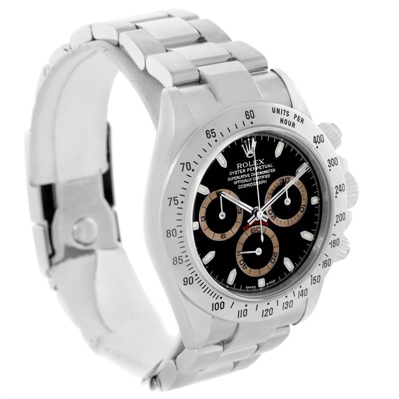 The image shows a Rolex Daytona 16520 Men's Stainless Steel Black Dial 16520 Men's Stainless Steel Black Dial watch at a slightly angled side view, highlighting its face, bezel, pushers, and bracelet.