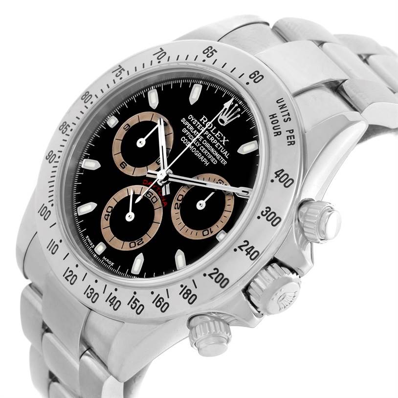 This image shows a side view of the Rolex Daytona 16520 Men's Stainless Steel Black Dial 16520 Men's Stainless Steel Black Dial watch, featuring the bezel, dial, subdials, and pushers.