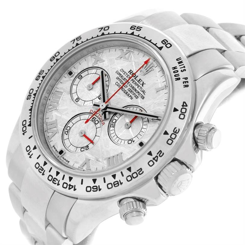 The image shows a Rolex Daytona 116509 Men's White Gold Silver Dial 116509 Men's White Gold Silver Dial watch angled to display its dial, bezel, pushers, and part of the bracelet.