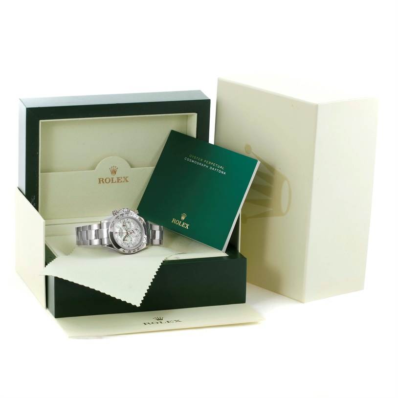 The image shows a Rolex Daytona 116509 Men's White Gold Silver Dial 116509 Men's White Gold Silver Dial watch in its box, along with the warranty booklet and packaging.