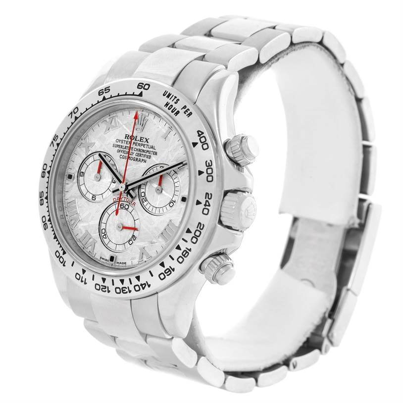 The image shows a Rolex Daytona 116509 Men's White Gold Silver Dial 116509 Men's White Gold Silver Dial watch with a silver bracelet, bezel, and detailed dials, viewed from a front-left angle.