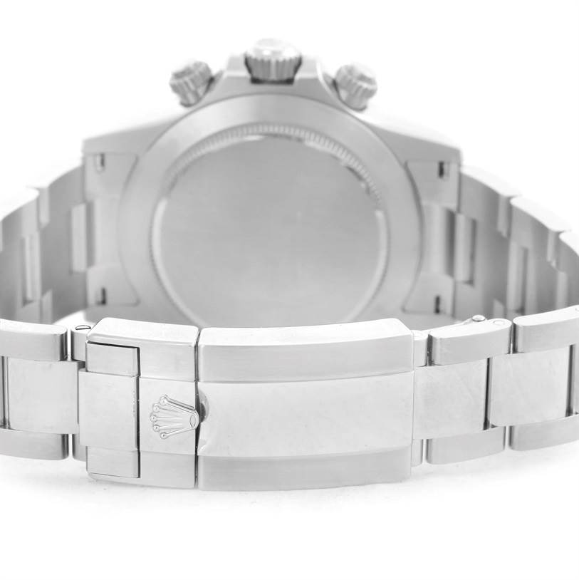 This image shows the back and clasp of a Rolex Daytona 116520 Men's Stainless Steel Black Dial 116520 Men's Stainless Steel Black Dial watch, highlighting the bracelet, clasp, and case back.