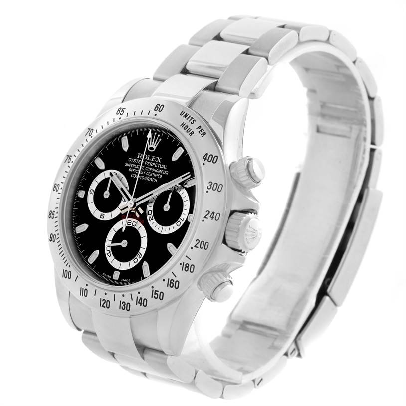 The Rolex Daytona 116520 Men's Stainless Steel Black Dial 116520 Men's Stainless Steel Black Dial watch is shown at a three-quarter angle displaying the face, bezel, pushers, and bracelet.
