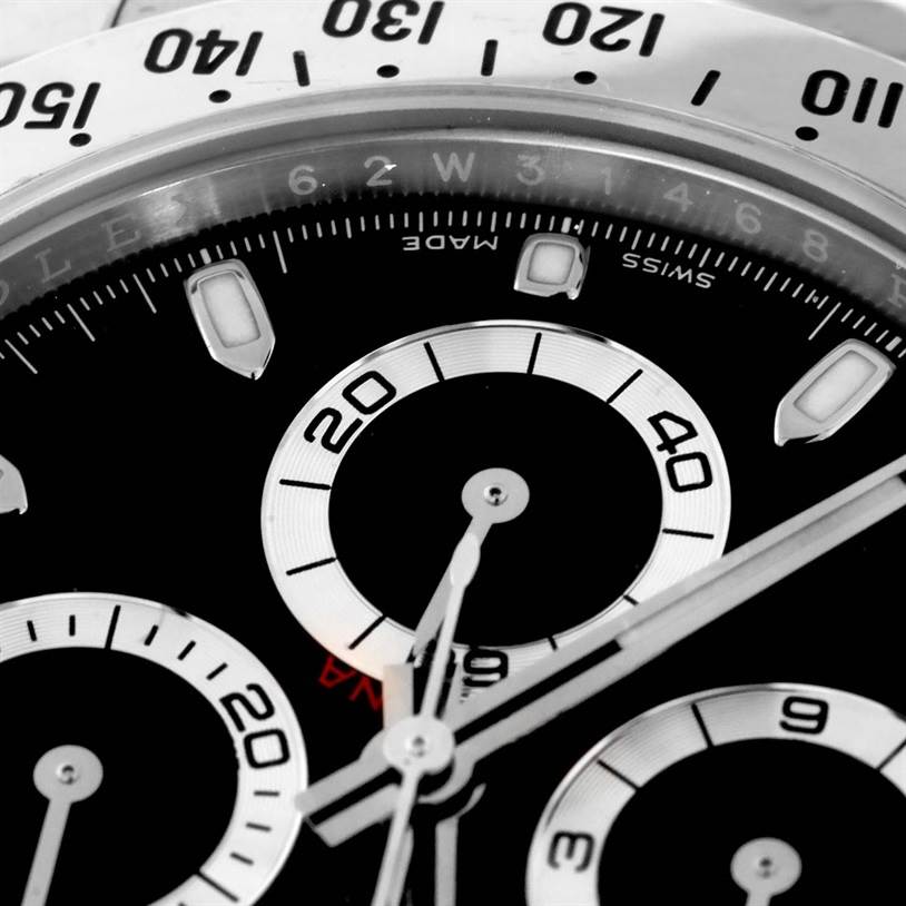 The image shows a close-up view of the dial and bezel of a Rolex Daytona 116520 Men's Stainless Steel Black Dial 116520 Men's Stainless Steel Black Dial watch, focusing on the subdials and tachymeter.