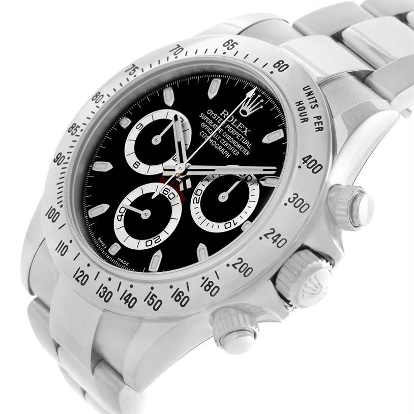 The Rolex Daytona 116520 Men's Stainless Steel Black Dial 116520 Men's Stainless Steel Black Dial watch is shown from an angled view, displaying its dial, bezel, and bracelet clearly.