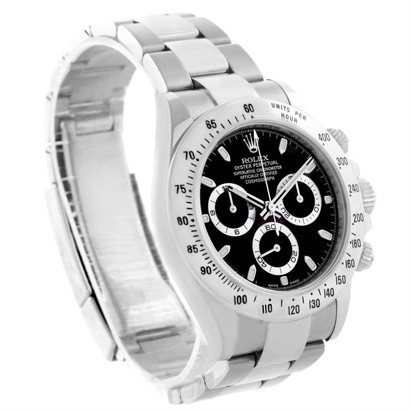 This image shows the front and partial side angle of a Rolex Daytona 116520 Men's Stainless Steel Black Dial 116520 Men's Stainless Steel Black Dial watch, featuring its dial, bezel, case, and bracelet.