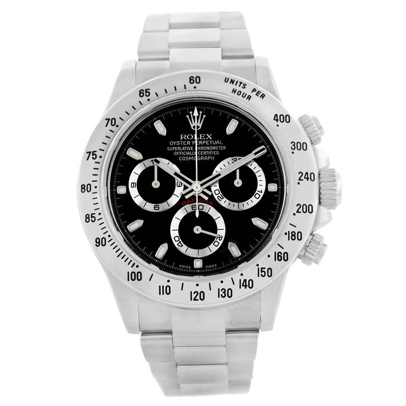 This is a front view of the Rolex Daytona 116520 Men's Stainless Steel Black Dial 116520 Men's Stainless Steel Black Dial watch, showing the dial, bezel, three subdials, and bracelet.