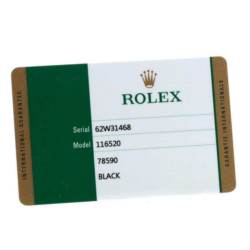 The image shows the international guarantee card for a Rolex Daytona 116520 Men's Stainless Steel Black Dial 116520 Men's Stainless Steel Black Dial model 116520 watch.