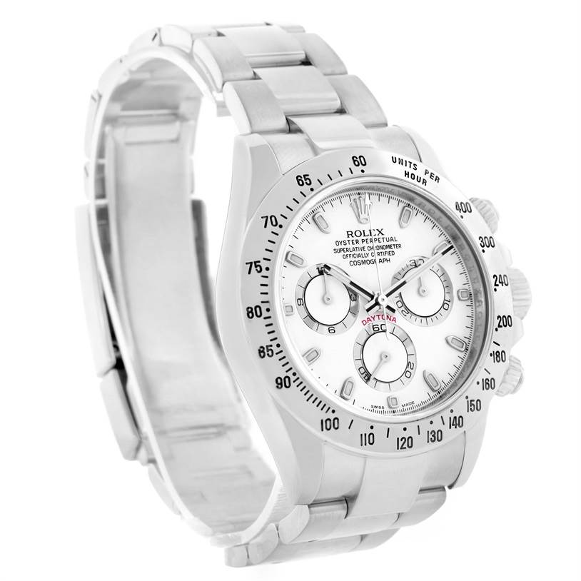The Rolex Daytona 116520 Men's Stainless Steel White Dial 116520 Men's Stainless Steel White Dial watch is shown at a 3/4 angle, displaying the face, bezel, chronograph subdials, and metal bracelet.