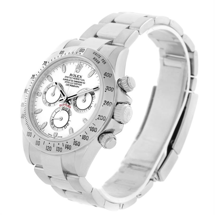 The image shows a Rolex Daytona 116520 Men's Stainless Steel White Dial 116520 Men's Stainless Steel White Dial watch at a three-quarter angle, highlighting the dial, bracelet, and bezel.