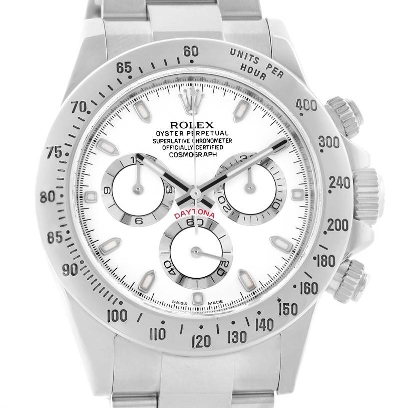 The image shows a front view of a Rolex Daytona 116520 Men's Stainless Steel White Dial 116520 Men's Stainless Steel White Dial watch, highlighting its dial, bezel, subdials, and crown.