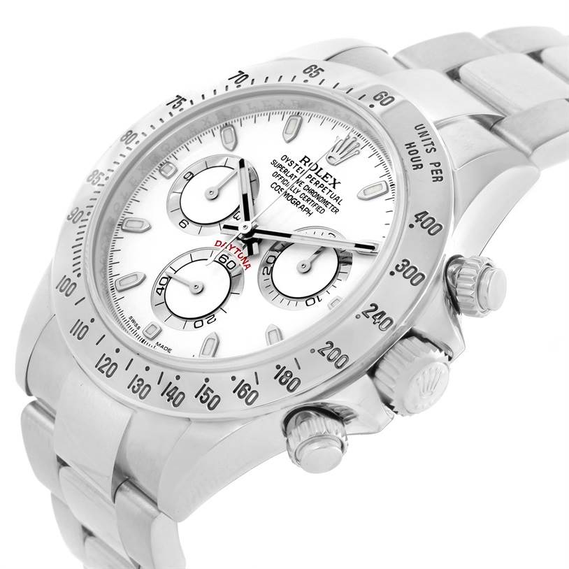 The image shows a side and front view of a Rolex Daytona 116520 Men's Stainless Steel White Dial 116520 Men's Stainless Steel White Dial watch displaying the dial, bezel, pushers, and bracelet.