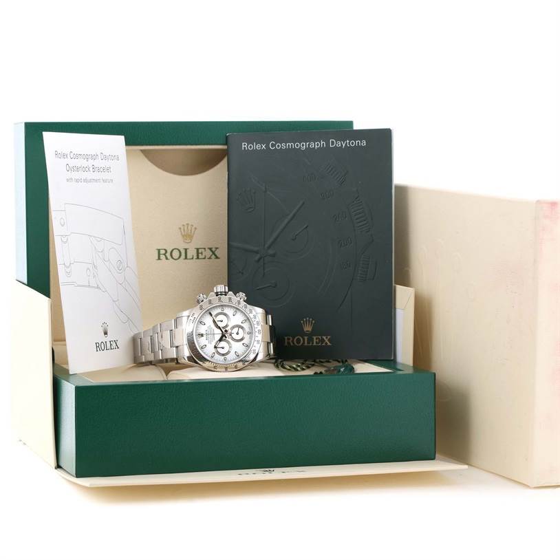 The display shows a Rolex Daytona 116520 Men's Stainless Steel White Dial 116520 Men's Stainless Steel White Dial watch and its accessories including manuals and a box, viewed from the front angle.