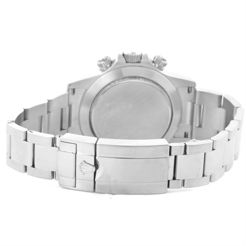 The image shows the back case and clasp of a Rolex Daytona 116520 Men's Stainless Steel White Dial 116520 Men's Stainless Steel White Dial watch from a rear angle.