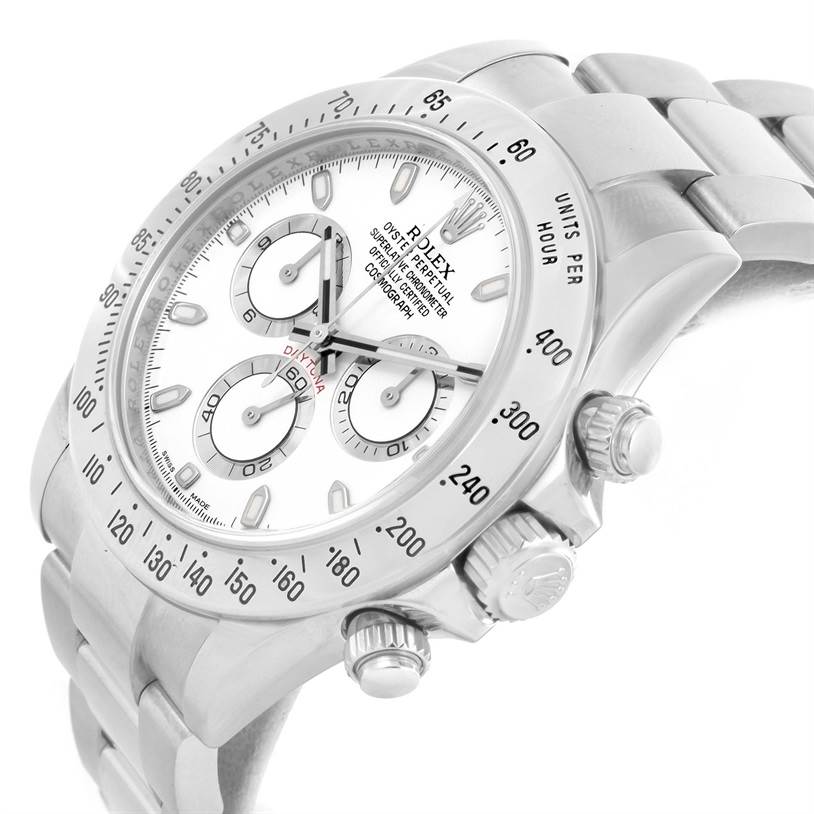 The image shows a side angle of the Rolex Daytona 116520 Men
s Stainless Steel White Dial 116520 Men
s Stainless Steel White Dial, displaying its bezel, crown, and chronograph subdials.