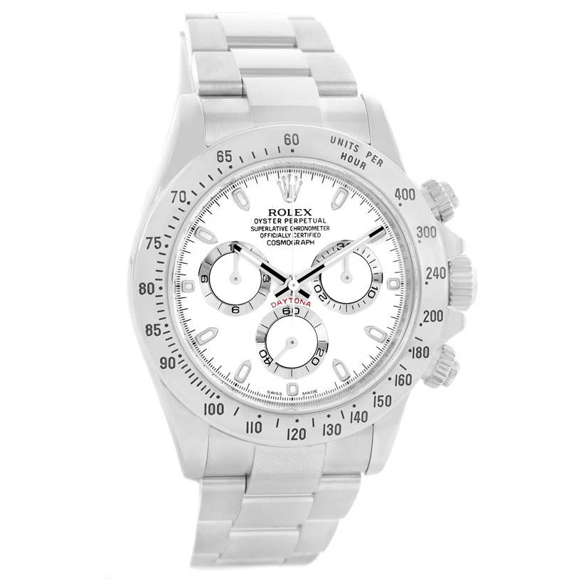 The image shows a front view of a Rolex Daytona 116520 Men
s Stainless Steel White Dial 116520 Men
s Stainless Steel White Dial watch, displaying its dial, bezel, and band.