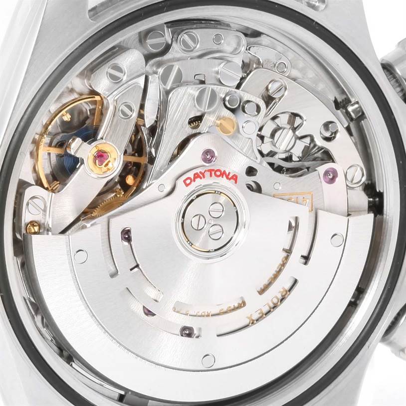 This image shows the inner movement mechanism of a Rolex Daytona 116520 Men
s Stainless Steel White Dial 116520 Men
s Stainless Steel White Dial watch from a rear angle.