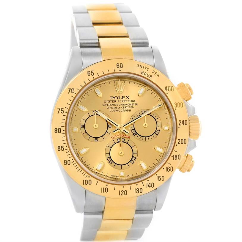 The image shows a front view of a Rolex Daytona 116523 Men's Steel and Gold (two tone) Champagne Dial 116523 Men's Steel and Gold (two tone) Champagne Dial watch featuring a gold bezel, champagne dial, and two-tone bracelet.