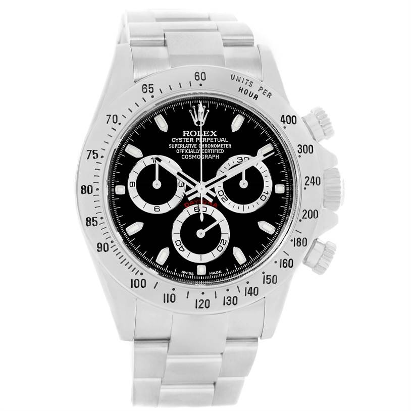 This image shows a front view of a Rolex Daytona 116520 Men
s Stainless Steel Black Dial 116520 Men
s Stainless Steel Black Dial watch, highlighting the dial, three subdials, and tachymeter bezel.