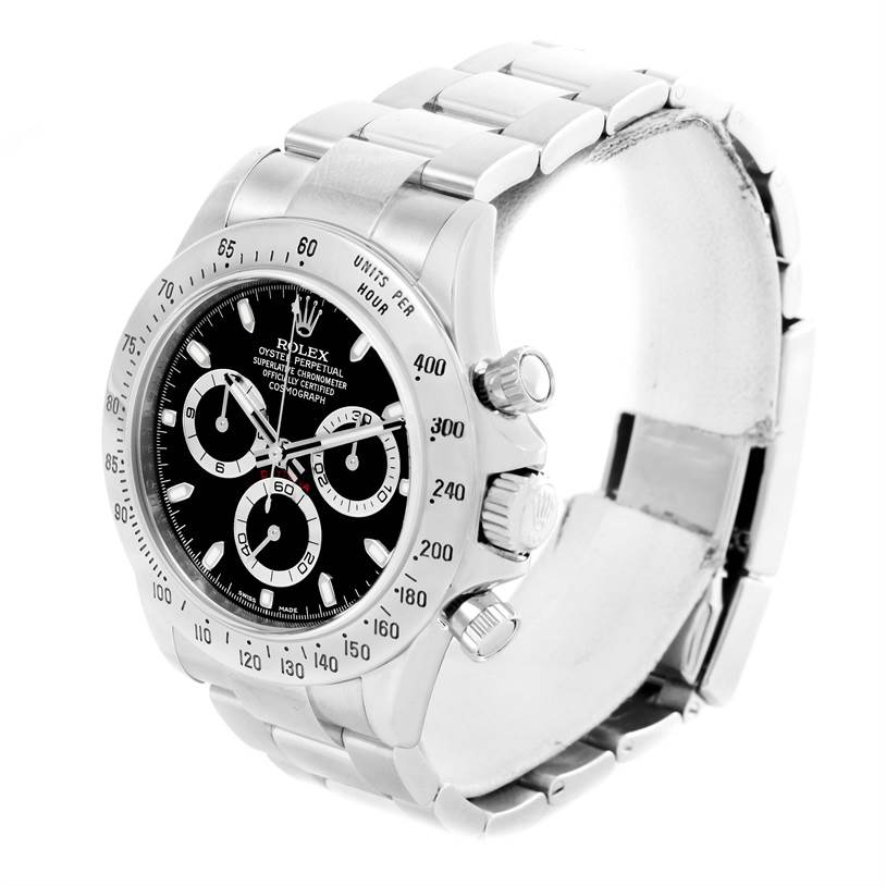 The image shows a Rolex Daytona 116520 Men
s Stainless Steel Black Dial 116520 Men
s Stainless Steel Black Dial watch angled to display its face, bezel, crown, pushers, and bracelet.