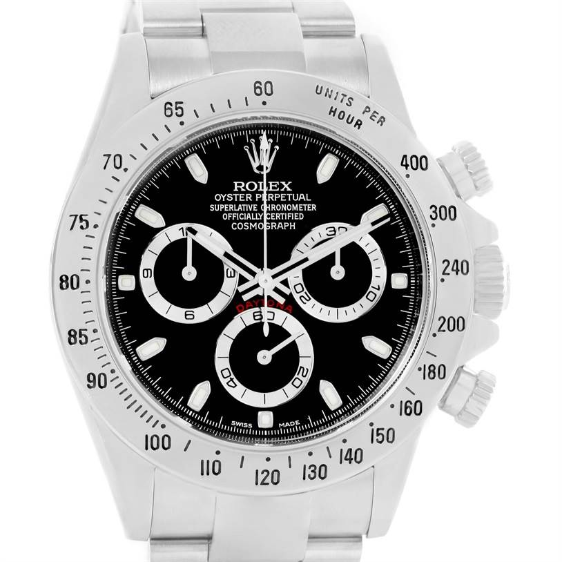 The image shows the front view of the Rolex Daytona 116520 Men
s Stainless Steel Black Dial 116520 Men
s Stainless Steel Black Dial watch, highlighting its dial, subdials, crown, and pushers.