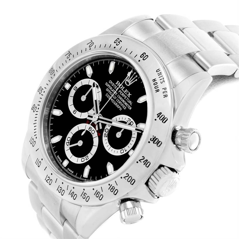 The image shows a side angle of a Rolex Daytona 116520 Men
s Stainless Steel Black Dial 116520 Men
s Stainless Steel Black Dial watch featuring the bezel, crown, pushers, and part of the bracelet.