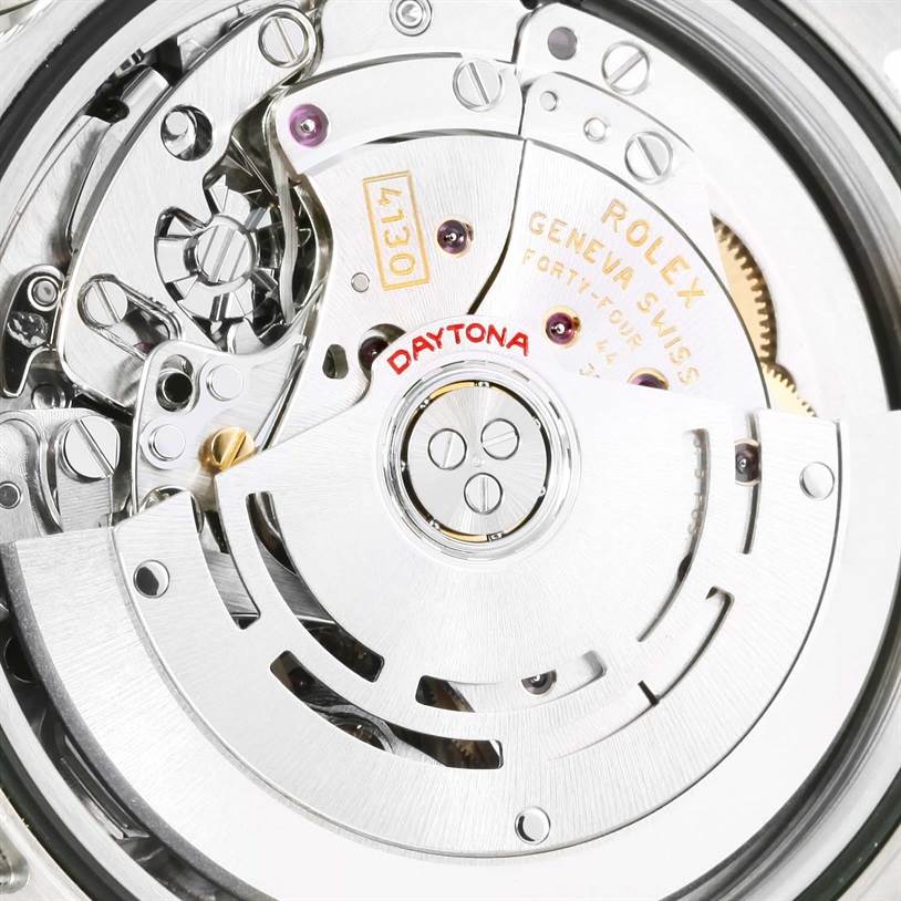 This is a close-up image showing the movement and internal mechanics of the Rolex Daytona 116520 Men's Stainless Steel Black Dial 116520 Men's Stainless Steel Black Dial watch.