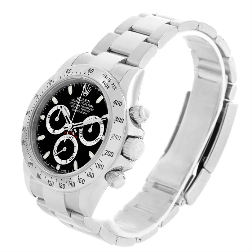 The image shows a side view of a Rolex Daytona 116520 Men's Stainless Steel Black Dial 116520 Men's Stainless Steel Black Dial watch, highlighting its face, bezel, and bracelet.