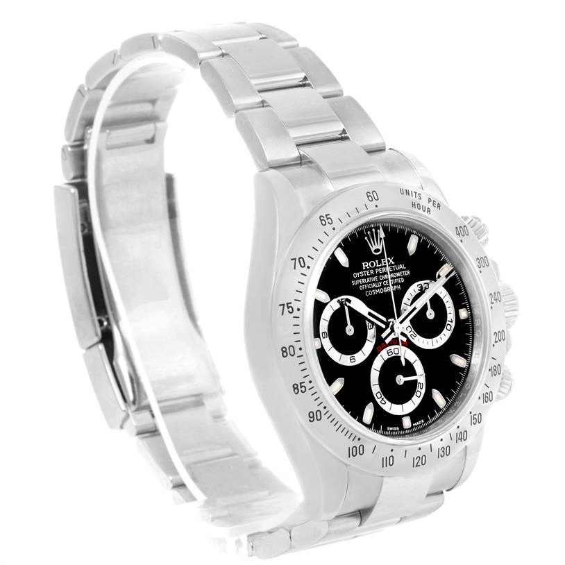 The image displays a Rolex Daytona 116520 Men's Stainless Steel Black Dial 116520 Men's Stainless Steel Black Dial watch at a slight angle, highlighting its dial, bezel, and bracelet.