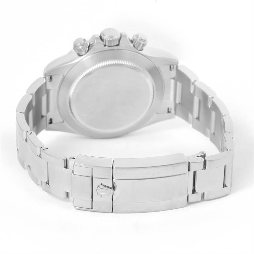 The image shows the back view of a Rolex Daytona 116520 Men's Stainless Steel Black Dial 116520 Men's Stainless Steel Black Dial watch, highlighting the clasp, bracelet, and case back.