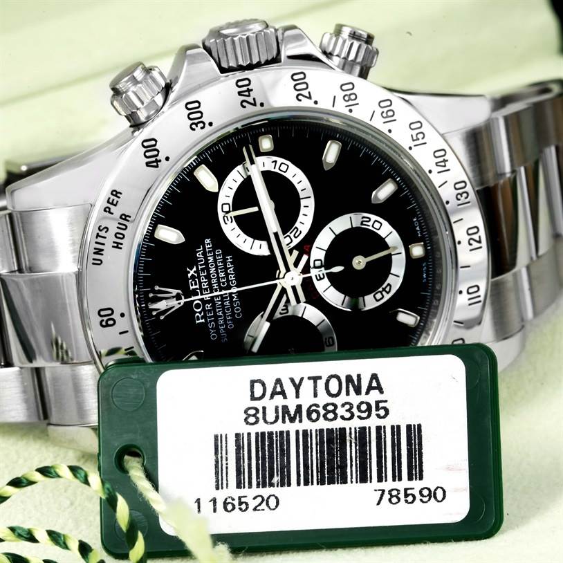 This image shows a close-up of a Rolex Daytona 116520 Men's Stainless Steel Black Dial 116520 Men's Stainless Steel Black Dial watch, featuring the dial, bezel, crown, and part of the bracelet.