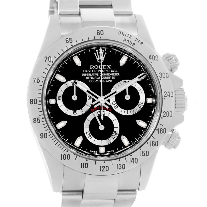 The image shows a front view of a Rolex Daytona 116520 Men's Stainless Steel Black Dial 116520 Men's Stainless Steel Black Dial watch, highlighting its face, bezel, and sub-dials.