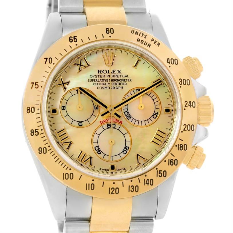 This Rolex Daytona 116523 Men's Steel and Gold (two tone) Mother of Pearl Dial 116523 Men's Steel and Gold (two tone) Mother of Pearl Dial watch is shown from the front, featuring the dial, bezel, crown, and part of the bracelet.