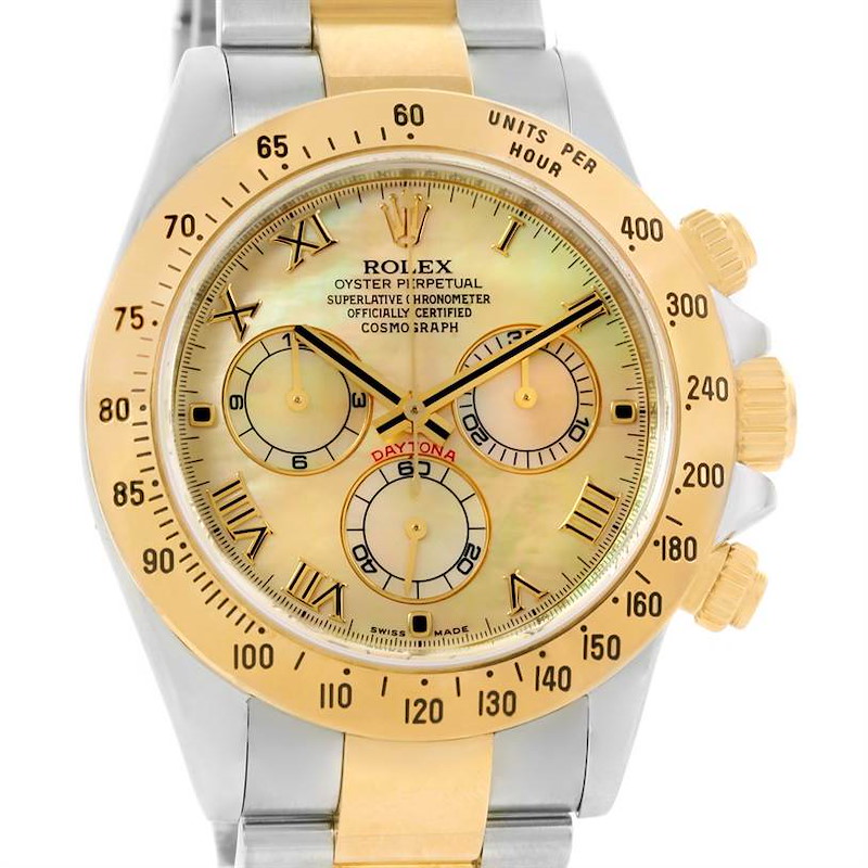 This Rolex Daytona watch is shown from the front, featuring the dial, bezel, crown, and part of the bracelet.