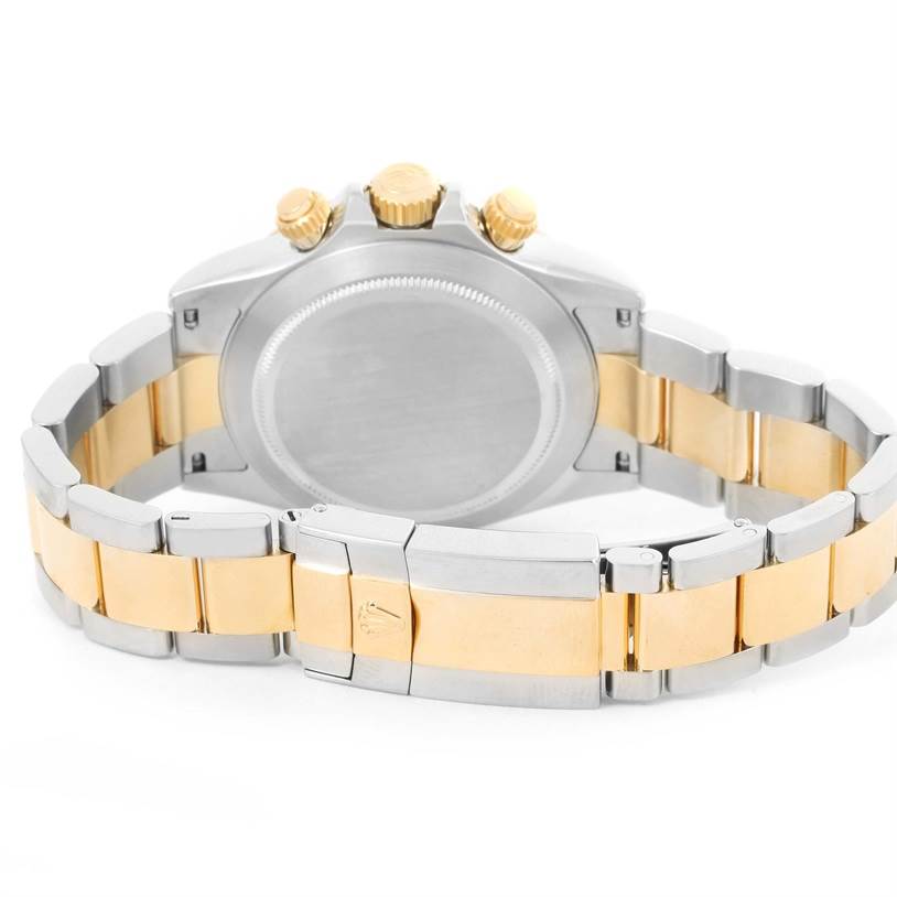 The image shows the back view of a Rolex Daytona 116523 Men's Steel and Gold (two tone) Mother of Pearl Dial 116523 Men's Steel and Gold (two tone) Mother of Pearl Dial watch, highlighting the case back, bracelet, and clasp.