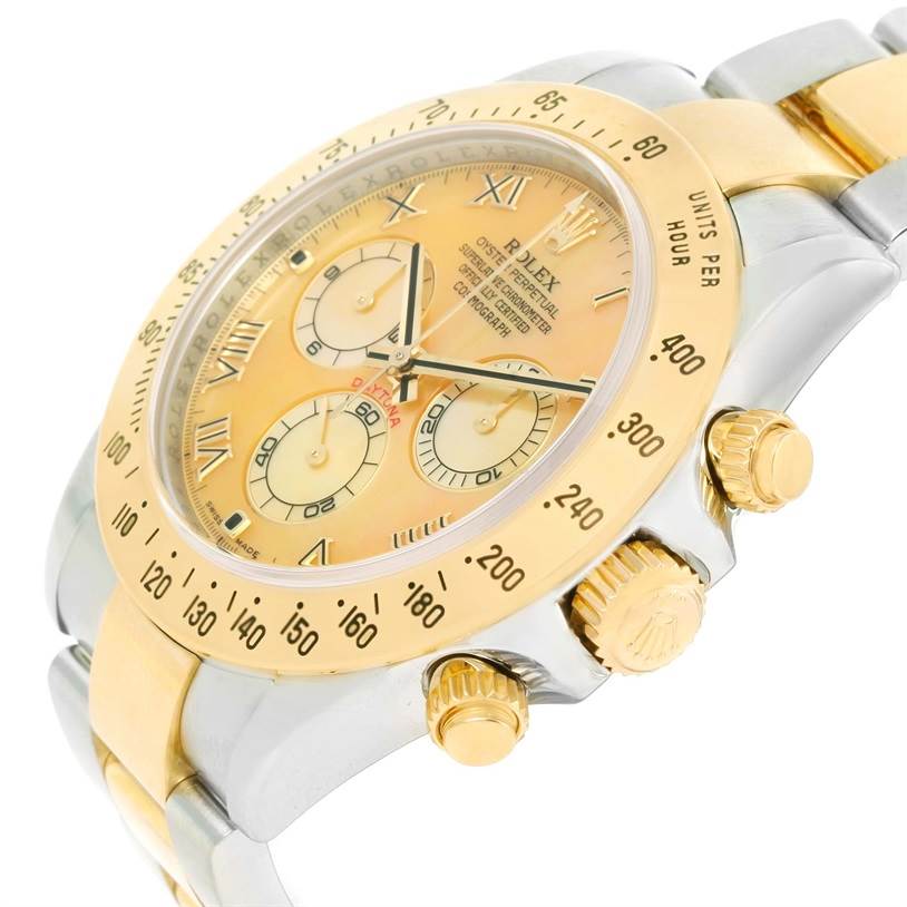 The image shows a Rolex Daytona 116523 Men's Steel and Gold (two tone) Mother of Pearl Dial 116523 Men's Steel and Gold (two tone) Mother of Pearl Dial watch at a slight angle, highlighting the bezel, subdials, crown, and part of the bracelet.