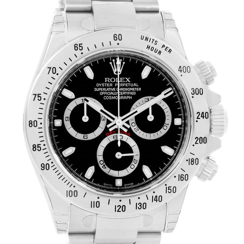 The Rolex Daytona watch is shown from the front, displaying its black dial, subdials, and bezel with a tachymeter scale.