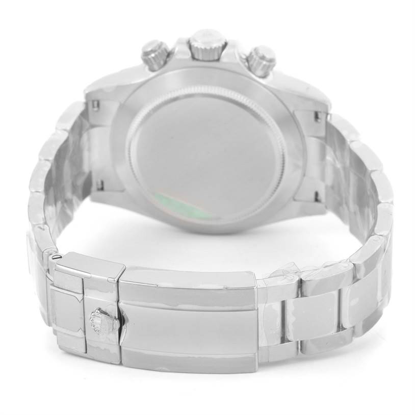 This image shows the back view of a Rolex Daytona 116520 Men's Stainless Steel Black Dial 116520 Men's Stainless Steel Black Dial watch, focusing on the bracelet and caseback.