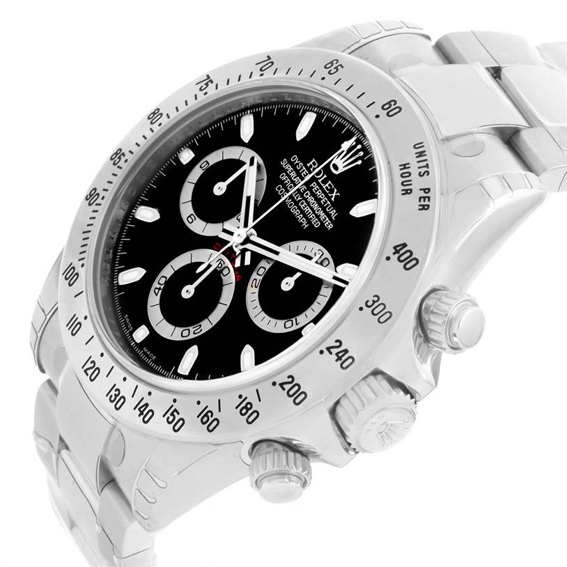 This image shows a Rolex Daytona 116520 Men's Stainless Steel Black Dial 116520 Men's Stainless Steel Black Dial watch at an angled side view, displaying the dial, bezel, and chronograph buttons.