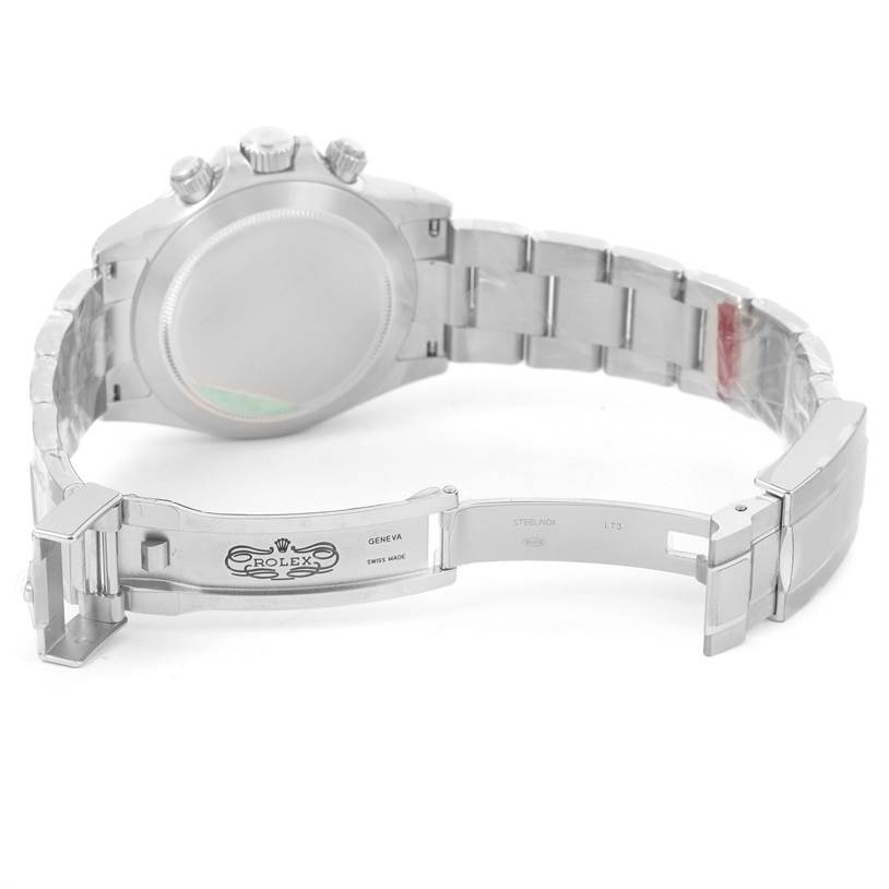 The image shows the back case and open stainless steel bracelet of a Rolex Daytona 116520 Men's Stainless Steel Black Dial 116520 Men's Stainless Steel Black Dial watch.