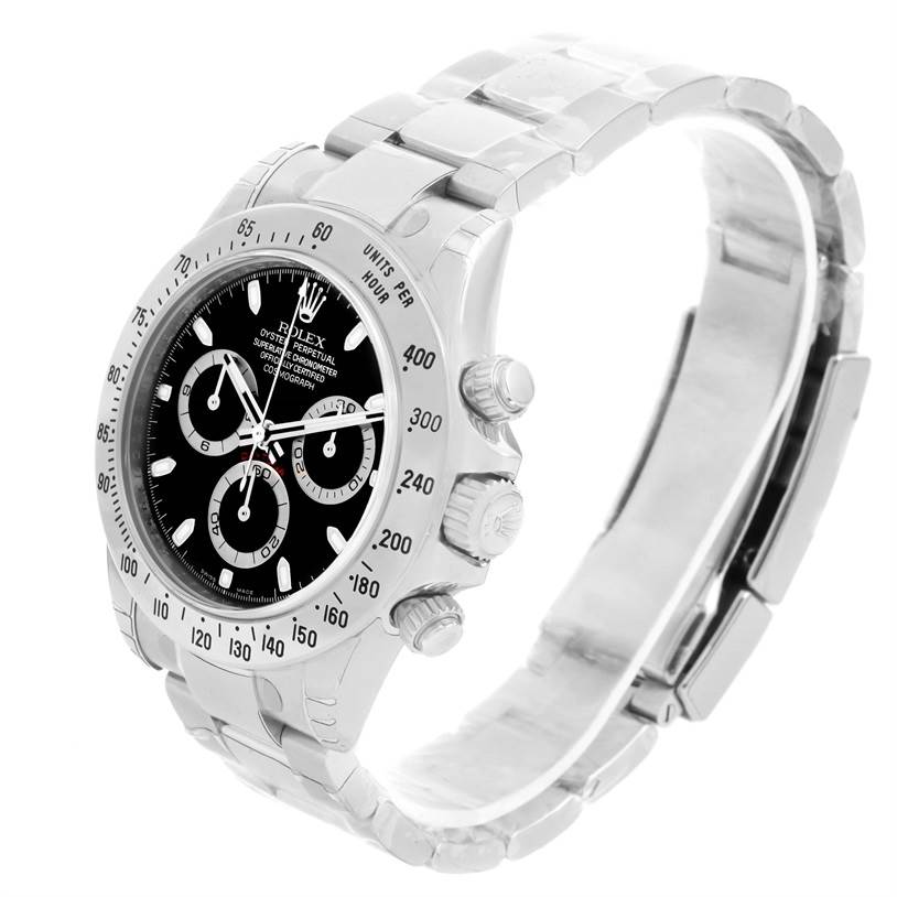 The Rolex Daytona 116520 Men's Stainless Steel Black Dial 116520 Men's Stainless Steel Black Dial watch is shown at an angle, highlighting its black dial, bezel, pushers, crown, and bracelet.