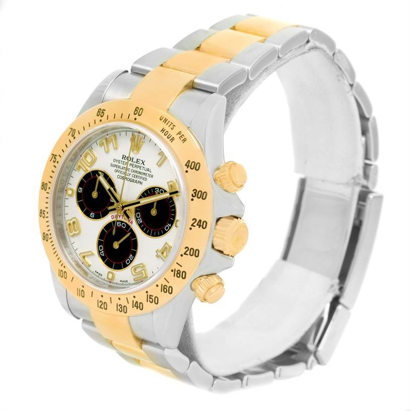 This image shows a Rolex Daytona 116523 Men's Steel and Gold (two tone) White Dial 116523 Men's Steel and Gold (two tone) White Dial watch from an angled perspective, highlighting its bezel, dial, and bracelet.