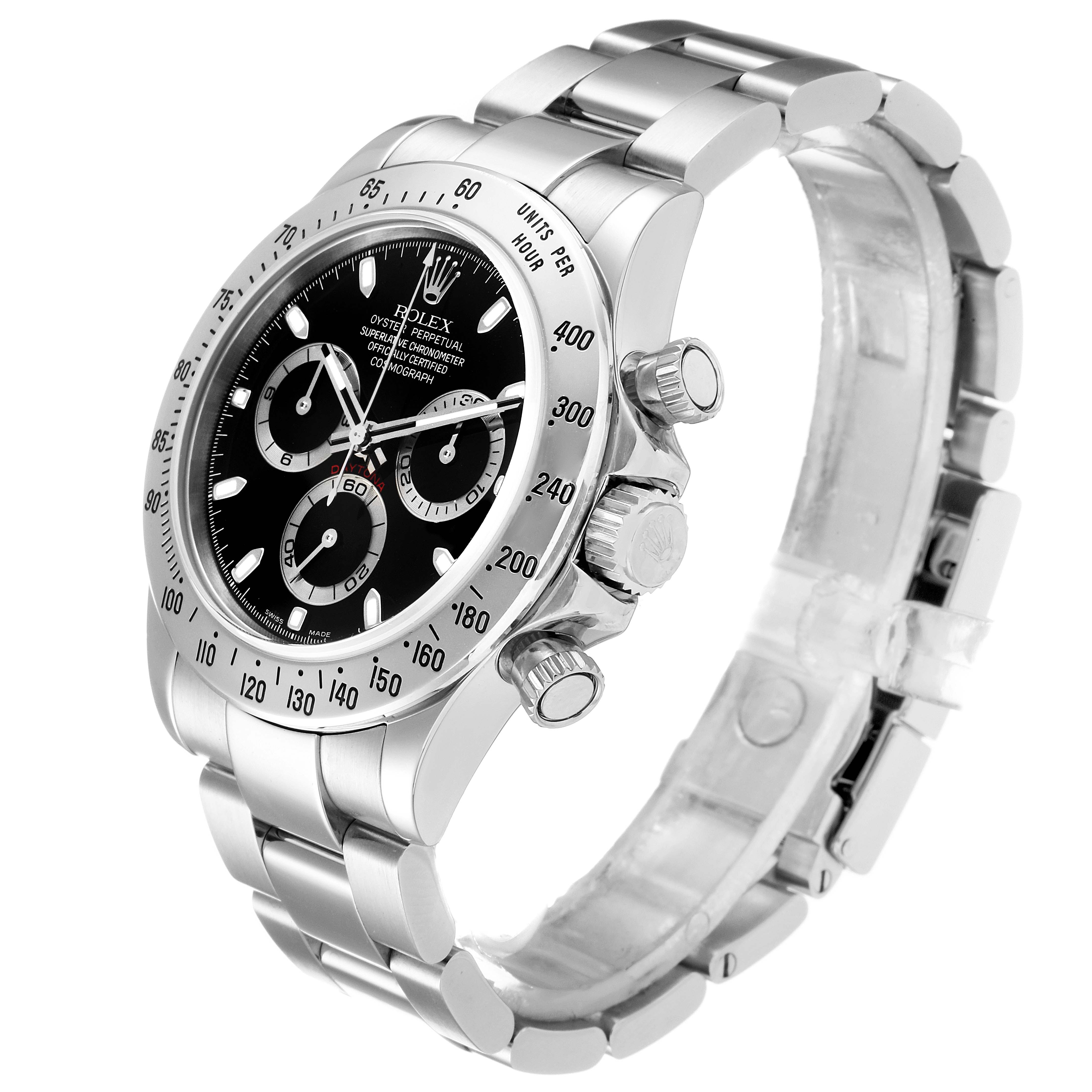 The Rolex Daytona 116520 Men's Stainless Steel Black Dial 116520 Men's Stainless Steel Black Dial watch is shown at a three-quarter angle, displaying its dial, bezel, crown, and bracelet.