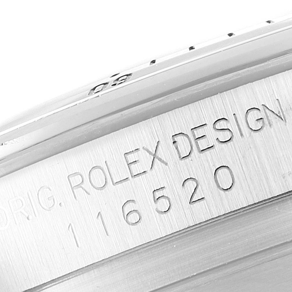 This image shows a close-up of the etched model number "116520" on the case of a Rolex Daytona 116520 Men's Stainless Steel Black Dial 116520 Men's Stainless Steel Black Dial watch.