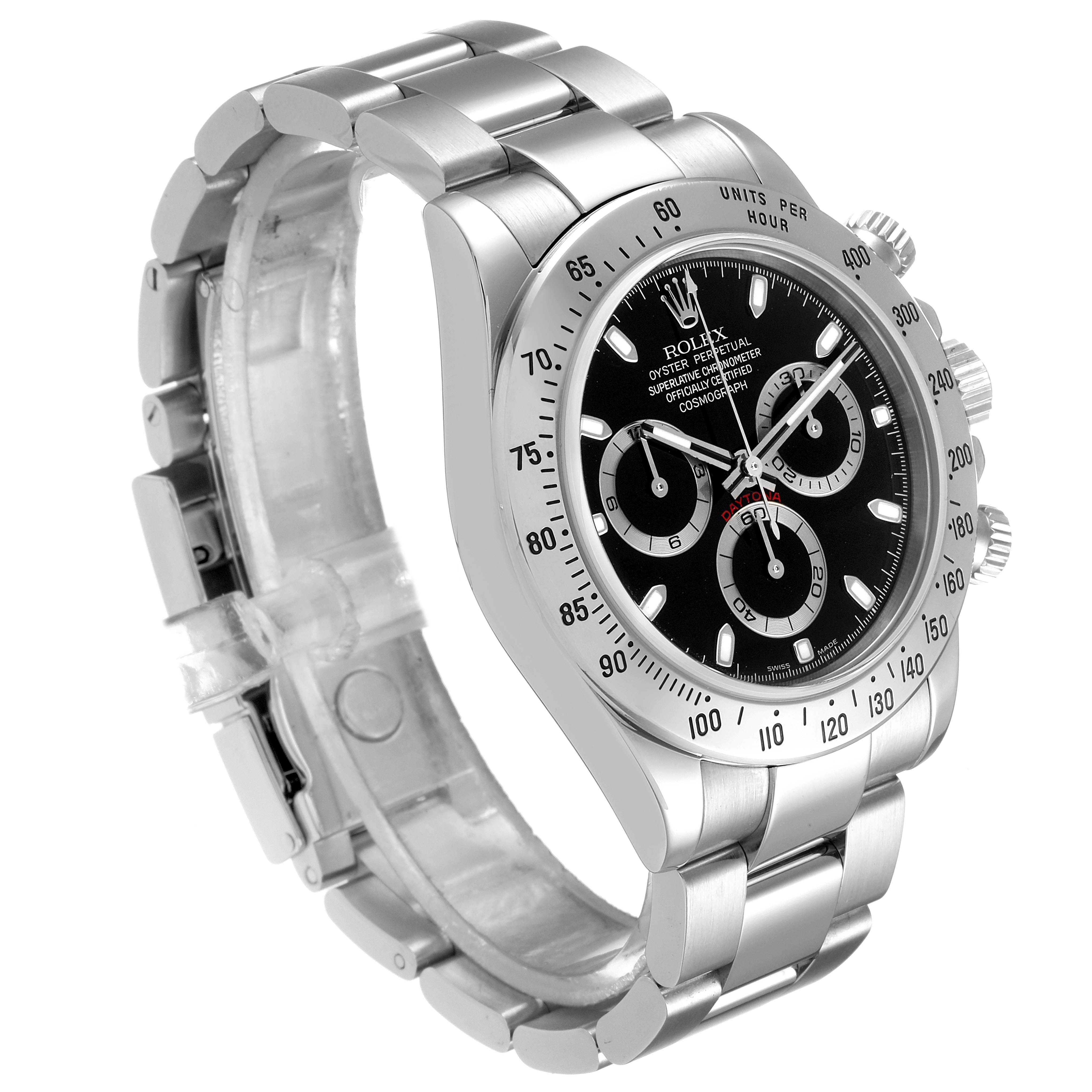This image shows a side and front view of a Rolex Daytona 116520 Men's Stainless Steel Black Dial 116520 Men's Stainless Steel Black Dial watch, highlighting its bracelet, case, and black dial.