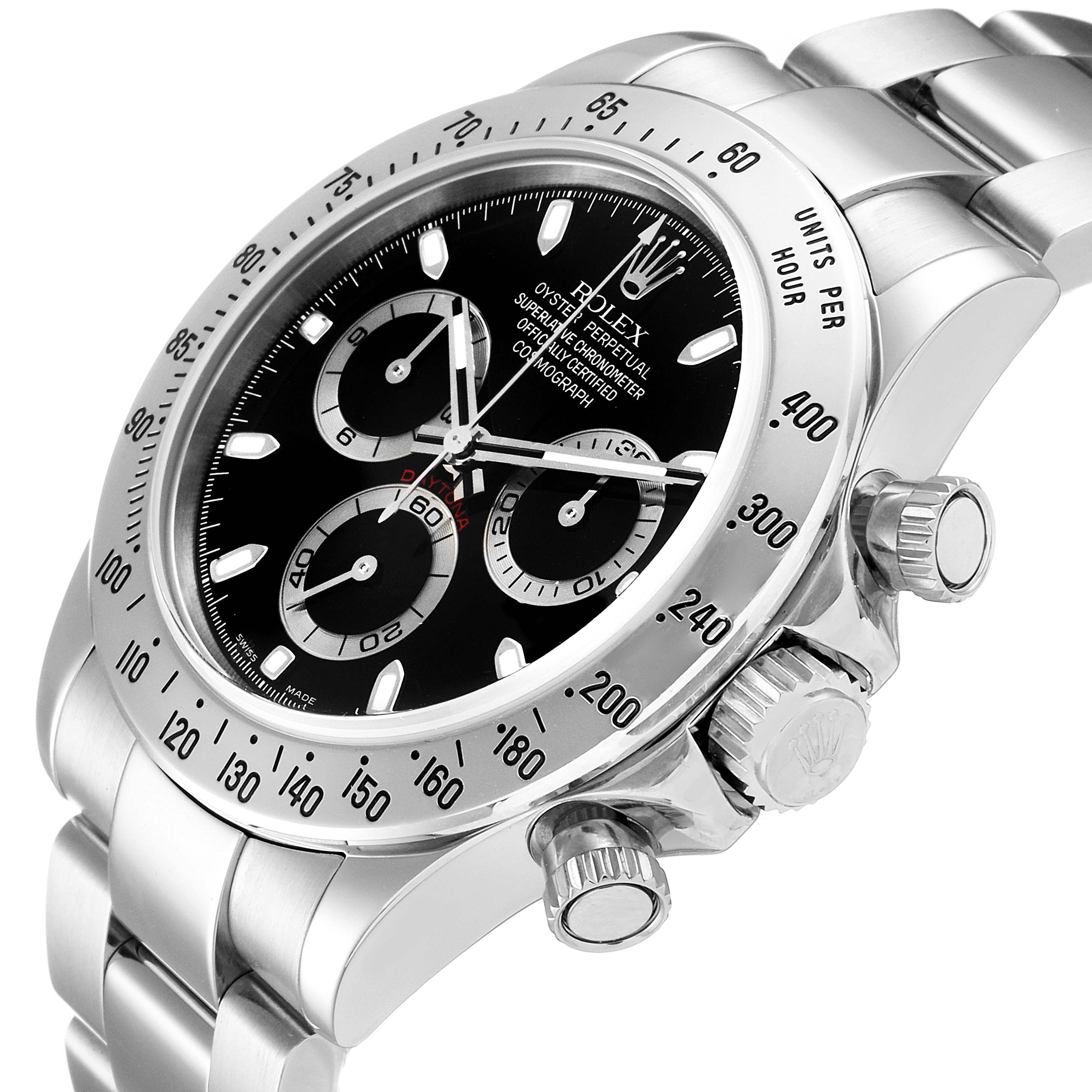 This image shows a Rolex Daytona 116520 Men's Stainless Steel Black Dial 116520 Men's Stainless Steel Black Dial watch from a side angle, highlighting the bezel, dial, and crown.