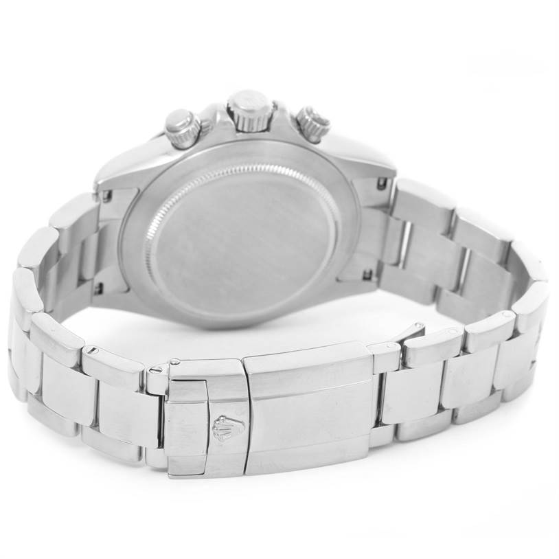 This image shows the back case, crown, and stainless steel bracelet of a Rolex Daytona 116520 Men's Stainless Steel White Dial 116520 Men's Stainless Steel White Dial watch.