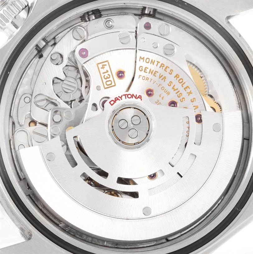 This image shows the intricate movement and inner mechanism of the Rolex Daytona 116520 Men's Stainless Steel White Dial 116520 Men's Stainless Steel White Dial watch from a close-up, back angle view.