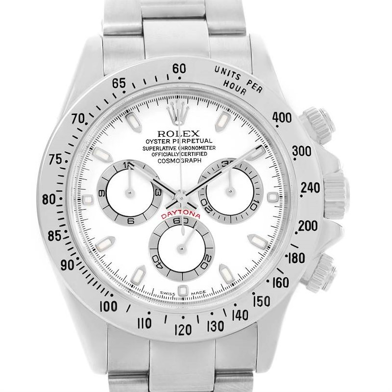 This image shows the front view of the Rolex Daytona watch, displaying the dial, bezel, chronograph sub-dials, and part of the bracelet.