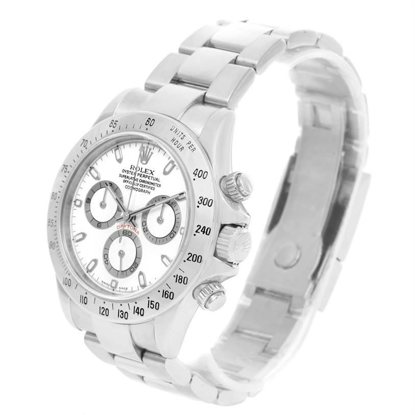 The image displays a Rolex Daytona 116520 Men's Stainless Steel White Dial 116520 Men's Stainless Steel White Dial watch at a three-quarter angle, showing the face, bezel, crown, pushers, and bracelet.